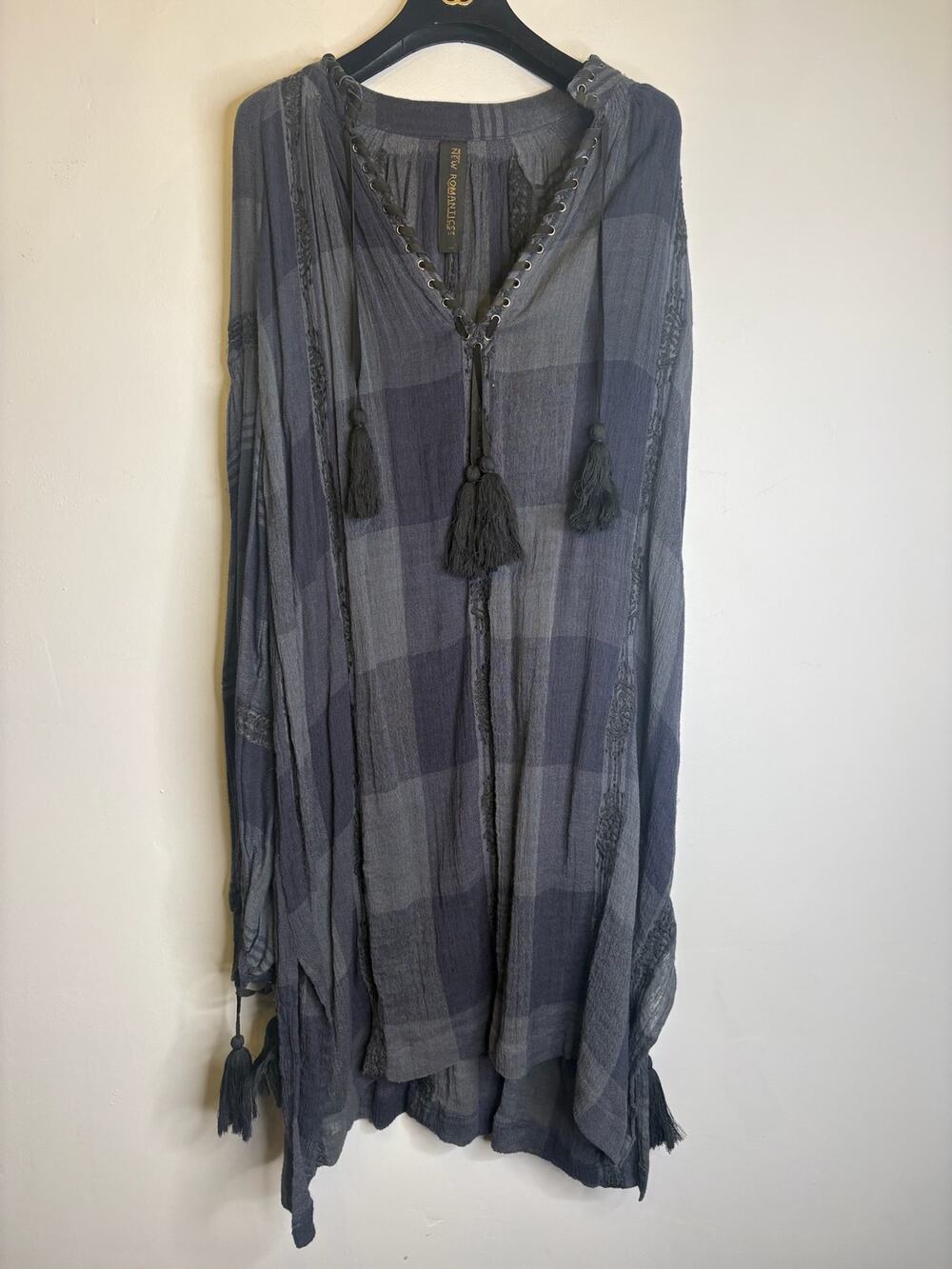 Free People New Romantics Plaid Tunic Dress L Gray Boho Tassel Festival